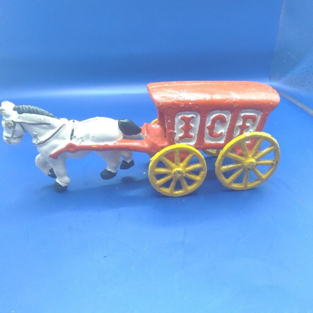 Vintage Chadwick 1975 Cast Iron White Horse Drawn Red Ice Cart Buggy Wag…